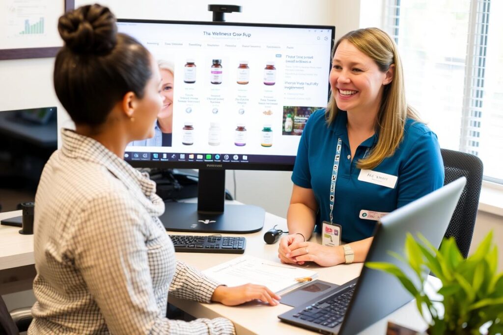Customer service representative from The Wellness Group Redmond helping a client choose high-quality health supplements Customer service representative from The Wellness Group Redmond helping a client choose high-quality health supplements