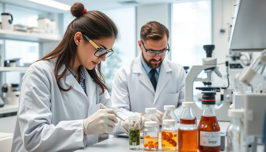 Scientists in a laboratory testing high-quality health supplements for purity and potency Scientists in a laboratory testing high-quality health supplements for purity and potency